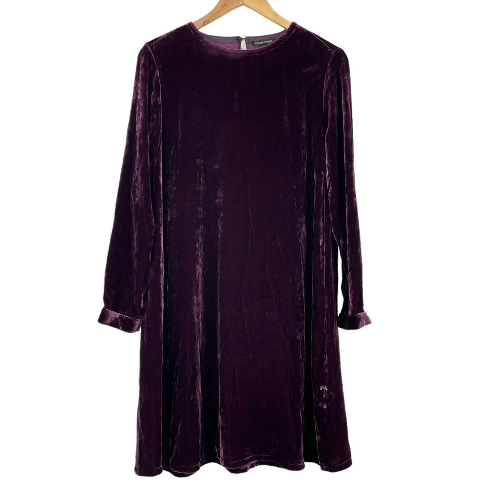 Eileen Fisher NWOT Velvet Crew Neck Dress Size S Purple Silk Blend Pockets Shift - Picture 5 of 12